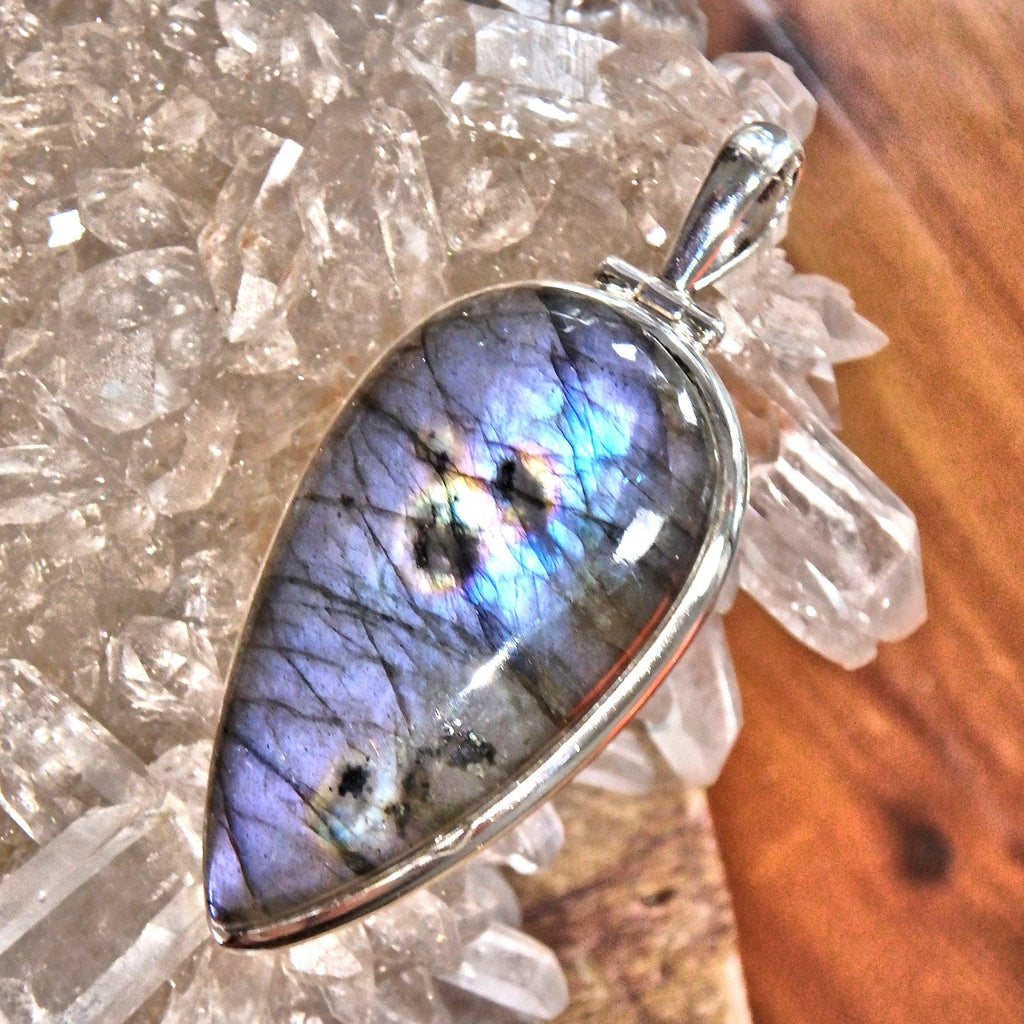 Long Teardrop Deep Purple Glow Labradorite Pendant in Sterling Silver (Includes Silver Chain) - Earth Family Crystals