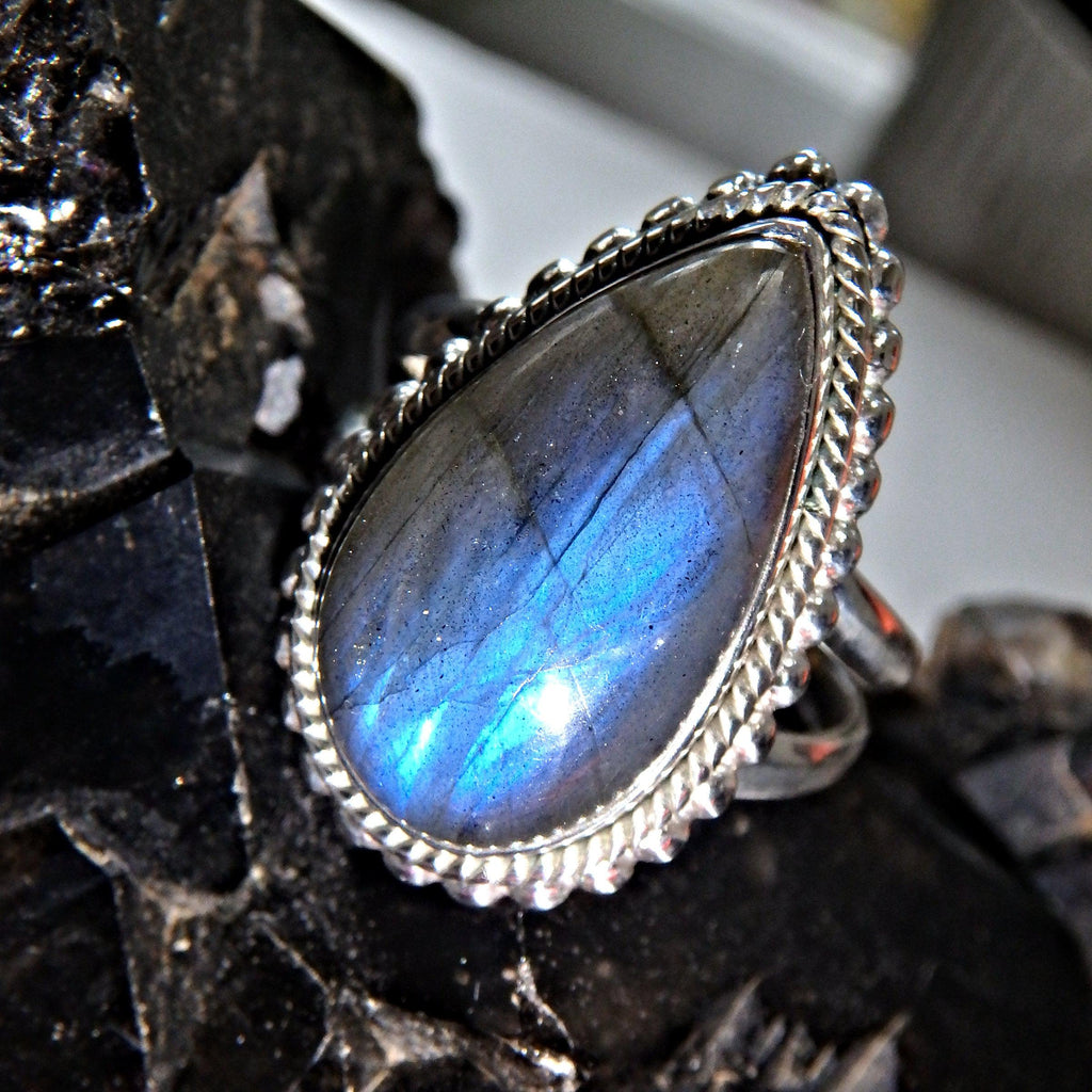 Raindrop Blue Labradorite  Gemstone Ring in Sterling Silver (Size 9) - Earth Family Crystals