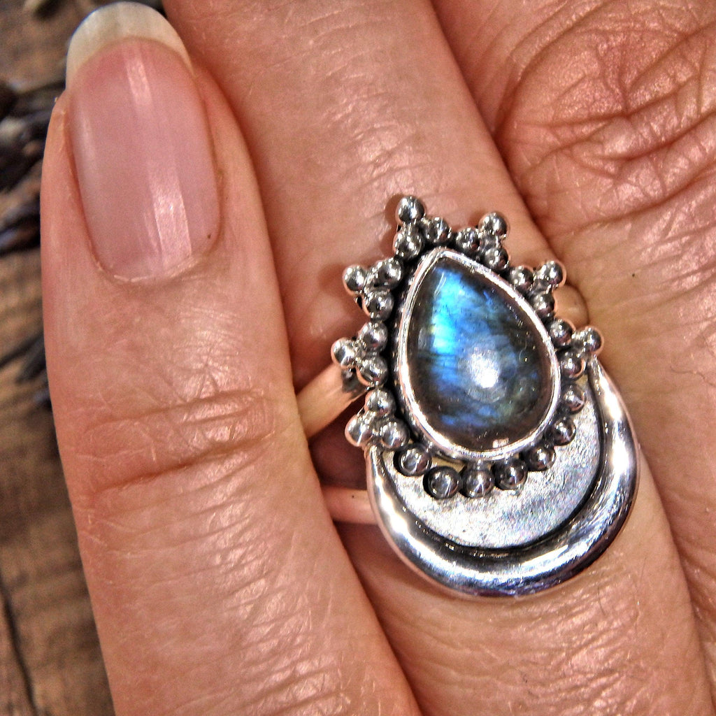 Trendy Crescent Moon & Blue Labradorite Sterling Silver Ring (Size 6) - Earth Family Crystals