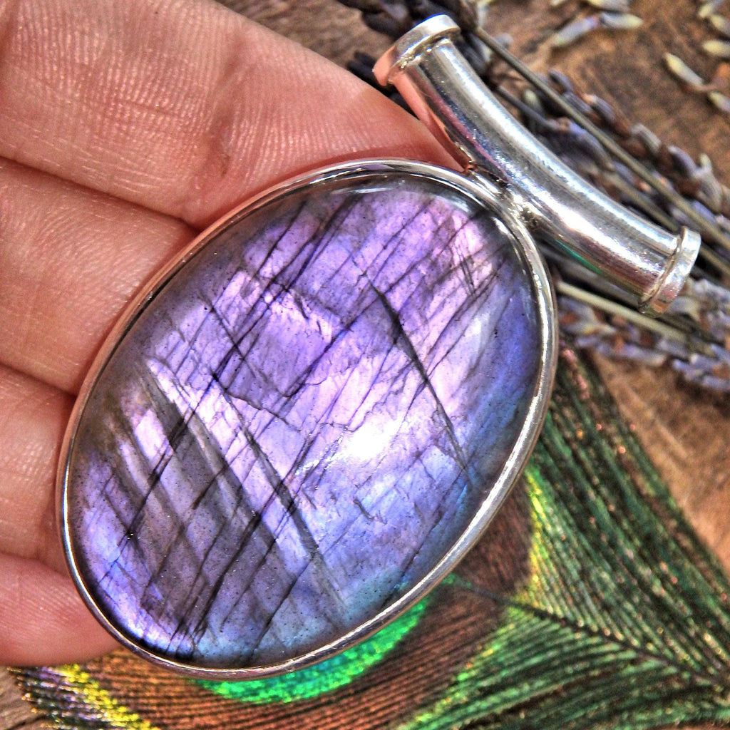 Gorgeous Chunky Purple Rare Purple & Pink Flashes Labradorite Sterling Silver Pendant (Includes Silver Chain) - Earth Family Crystals