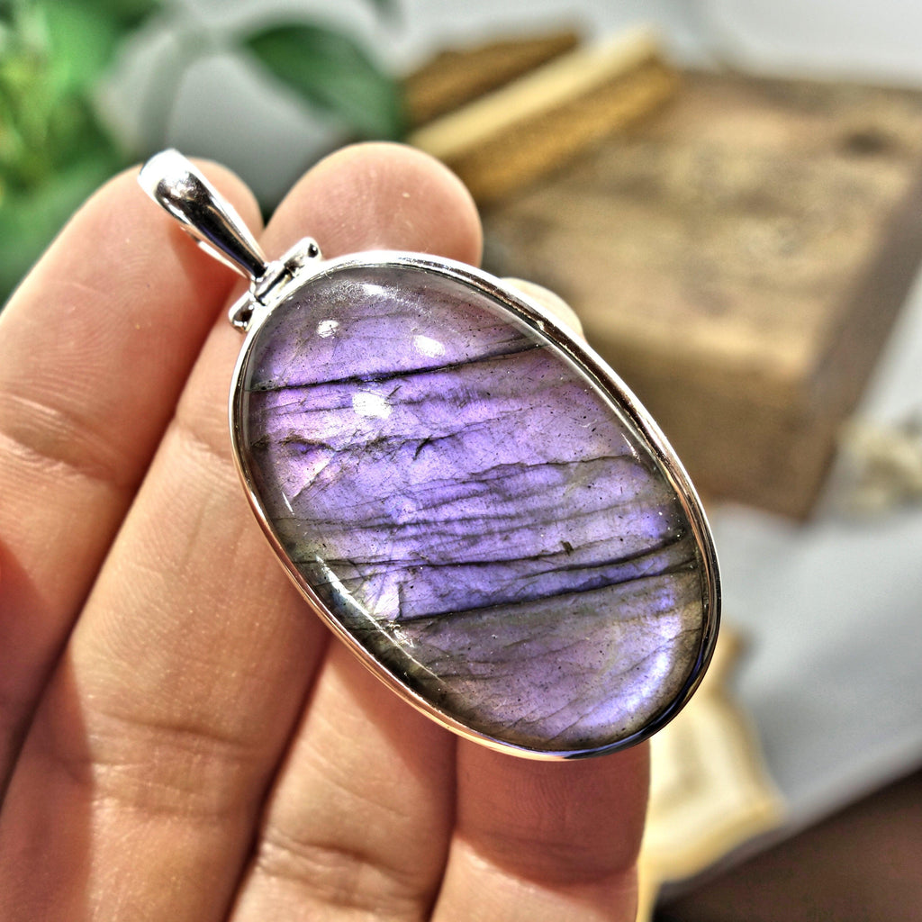 Rare! Frosty Purple Flash Labradorite Pendant in Sterling Silver (Includes Silver Chain) - Earth Family Crystals