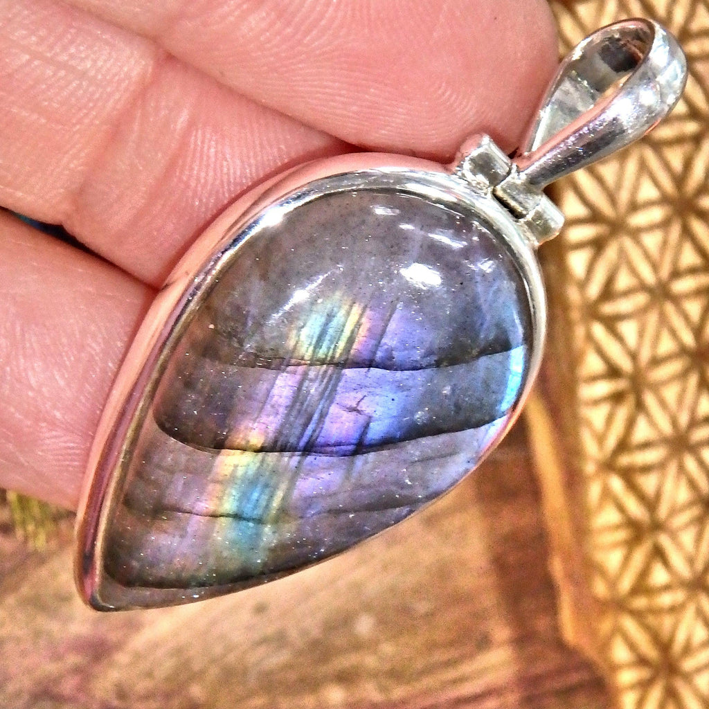 Rare Purple Pink & Rainbows Flashes Teardrop Labradorite Pendant in Sterling Silver (Includes Silver Chain) - Earth Family Crystals