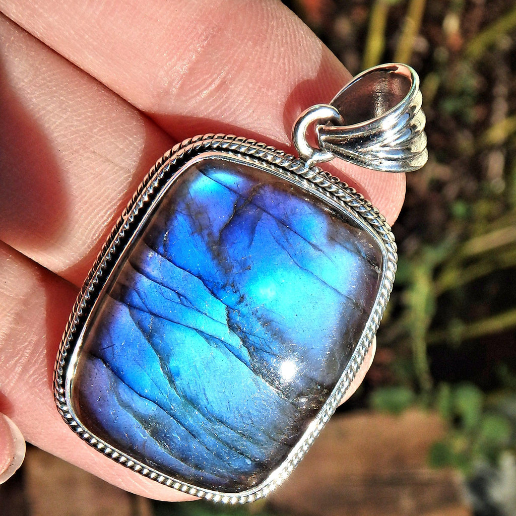 Incredible Solid Moving Cobalt Blue Flash Labradorite Pendant in Sterling Silver (Includes Silver Chain)3 - Earth Family Crystals