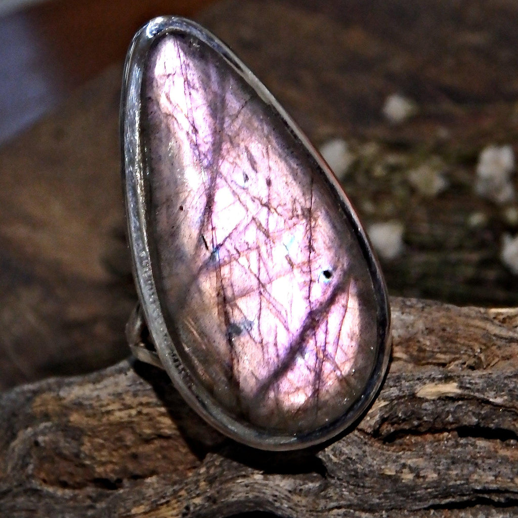 Rare Blushing Frosted Pink Flash Labradorite Ring in Sterling Silver (Size 8) - Earth Family Crystals