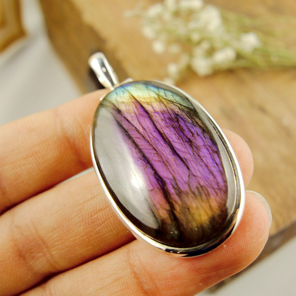 Deep Purple & Pink Rainbow Labradorite Large Pendant in Sterling Silver (Includes Silver Chain) - Earth Family Crystals