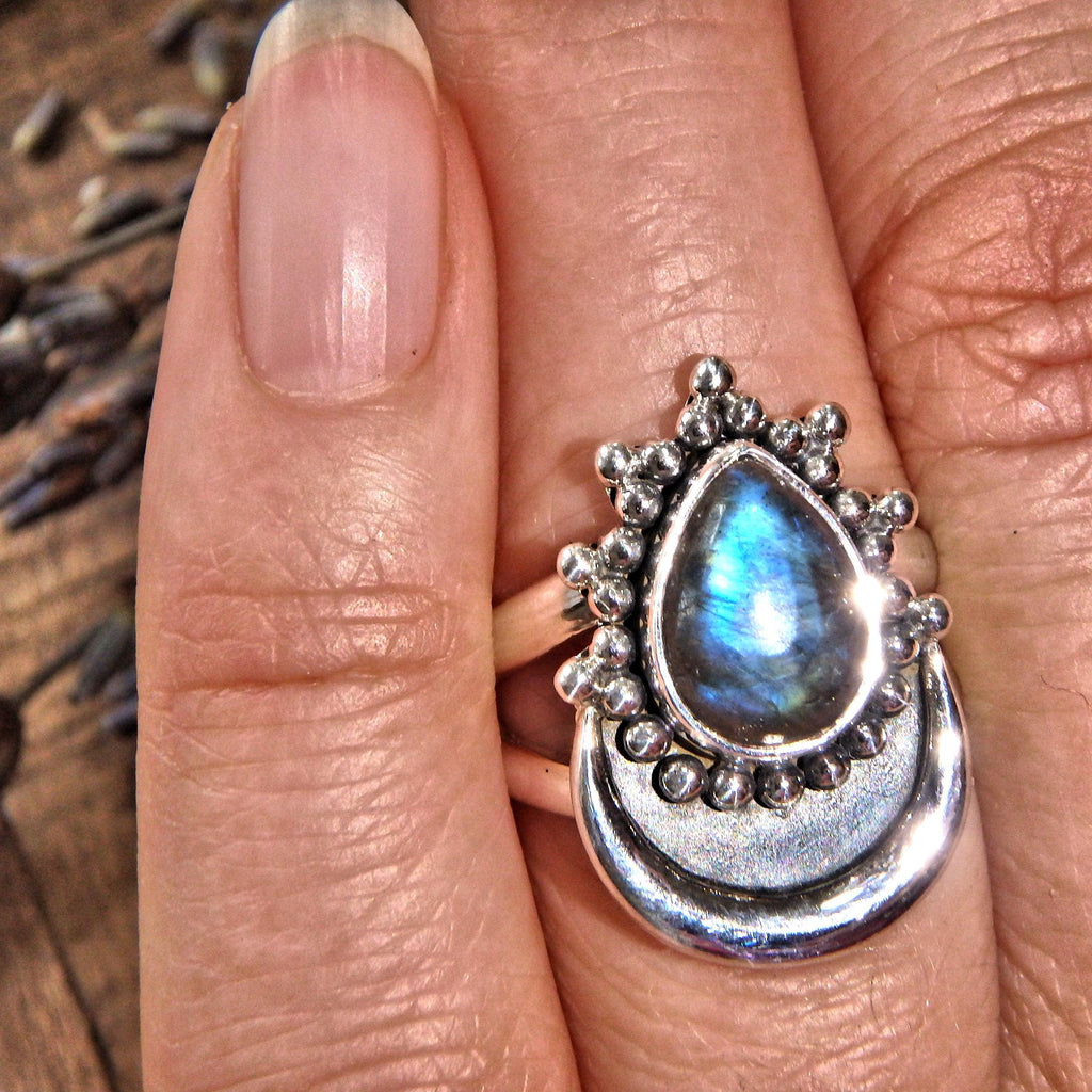 Trendy Crescent Moon & Blue Labradorite Sterling Silver Ring (Size 6) - Earth Family Crystals