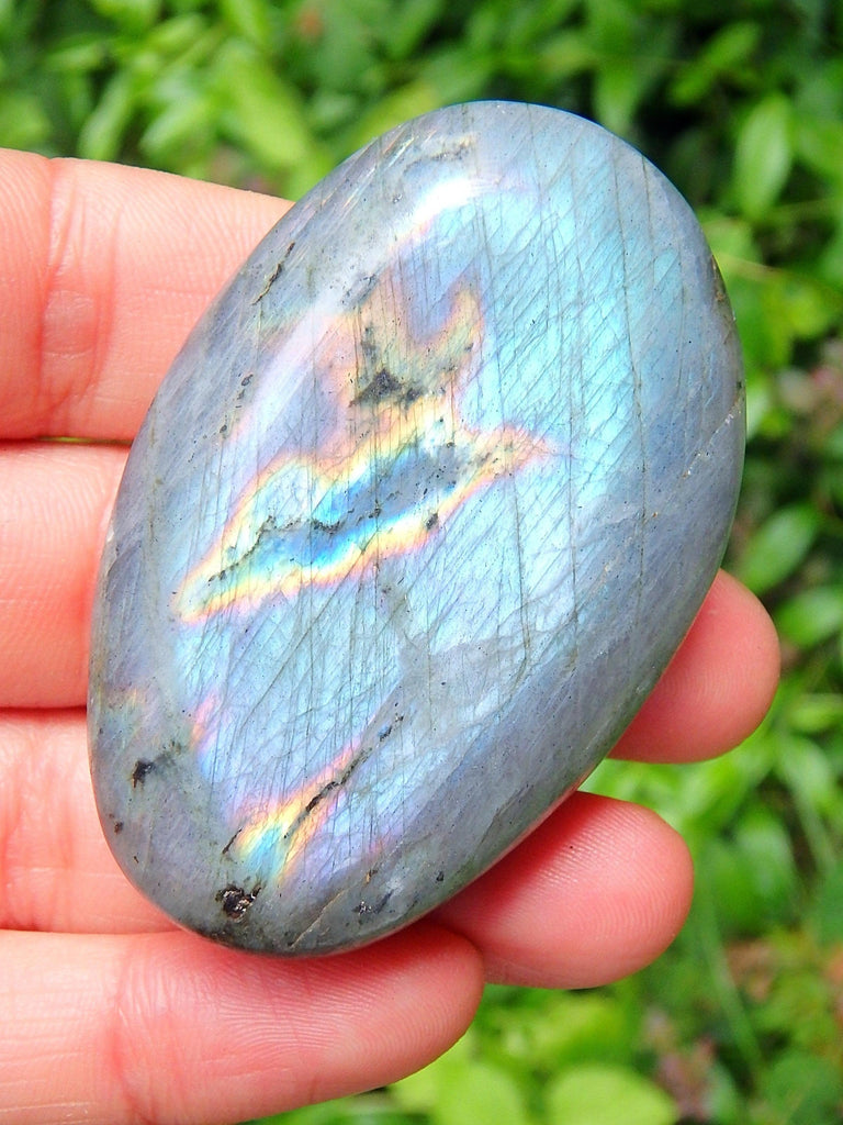 Blushing Rare Pink & Purple Flashes Labradorite Palm Stone Carving - Earth Family Crystals