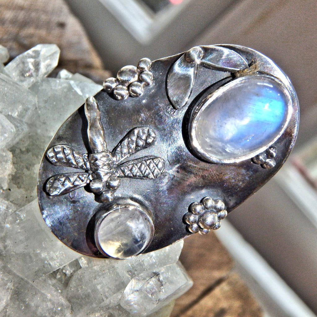 Chunky Dragonfly & Rainbow Moonstone Ring In Sterling Silver (Size 8) - Earth Family Crystals