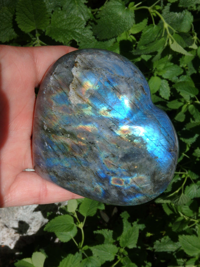 Peach Golden & Blue Flashes Labradorite Heart Carving From Madagascar - Earth Family Crystals