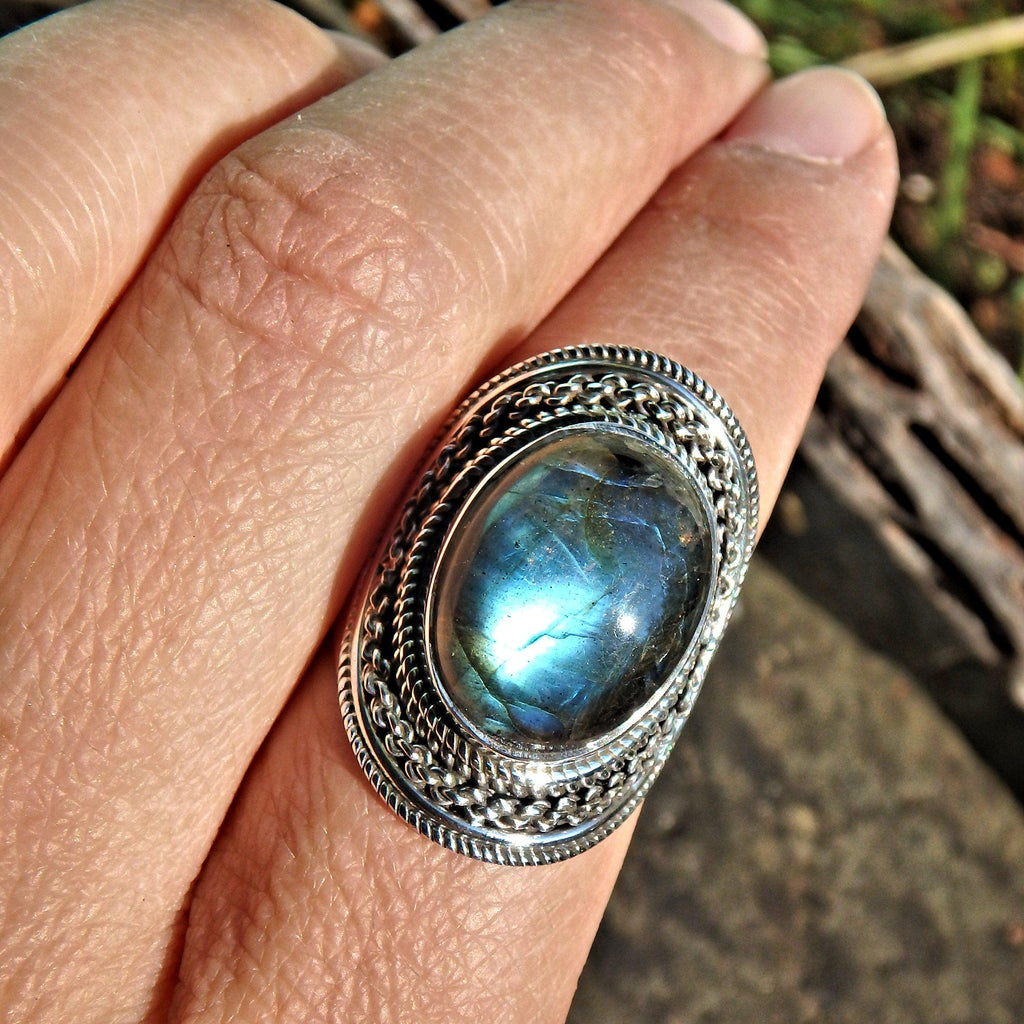 Mystical Moving Optical Blue Green Flash Labradorite Ring in Sterling Silver (Size 8.5) - Earth Family Crystals