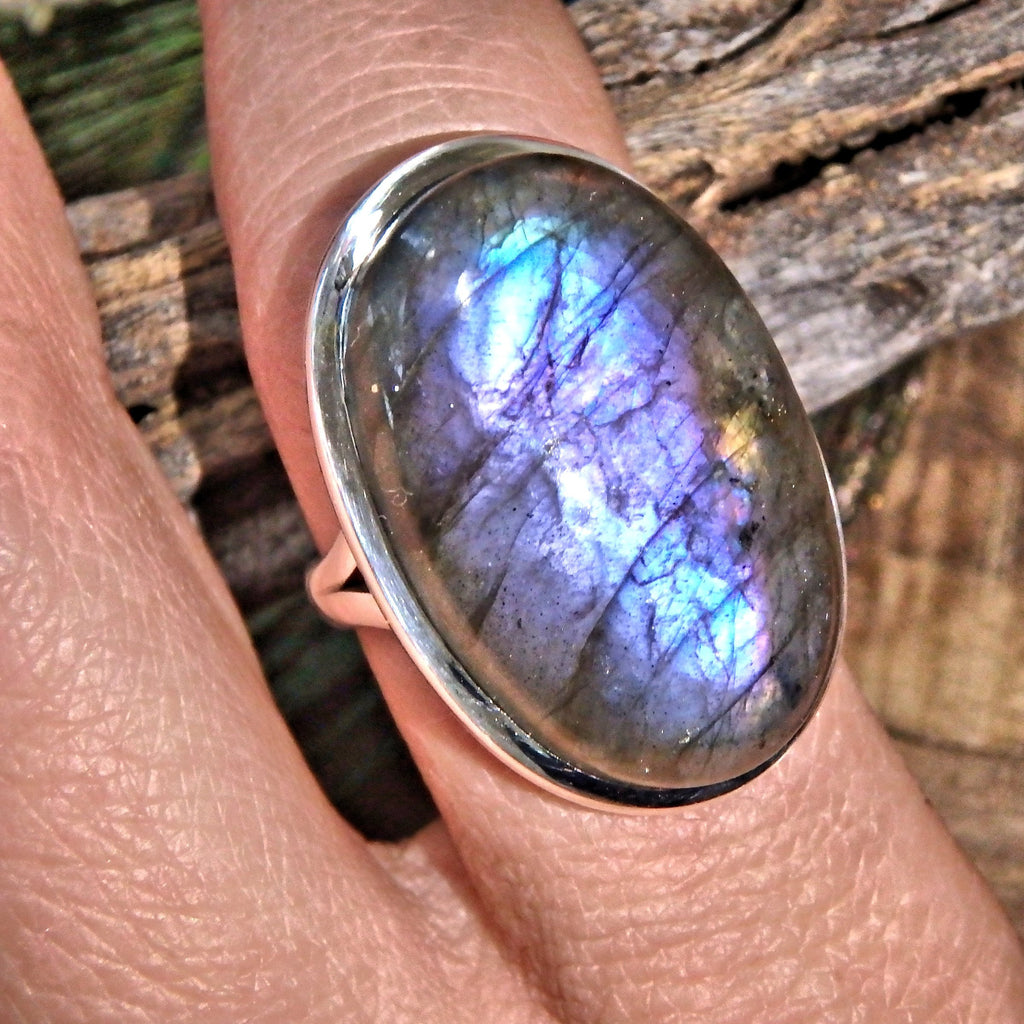Chunky Rare Optical Dark Purple Flashes Labradorite Ring in Sterling Silver (Size 9.5) - Earth Family Crystals