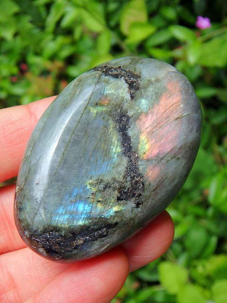 Blushing Rare Pink & Purple Flashes Labradorite Palm Stone Carving - Earth Family Crystals