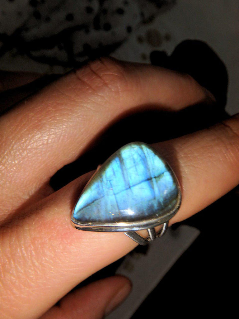 Mysterious Blue Flashes Labradorite Ring in Sterling Silver (Size 8) - Earth Family Crystals