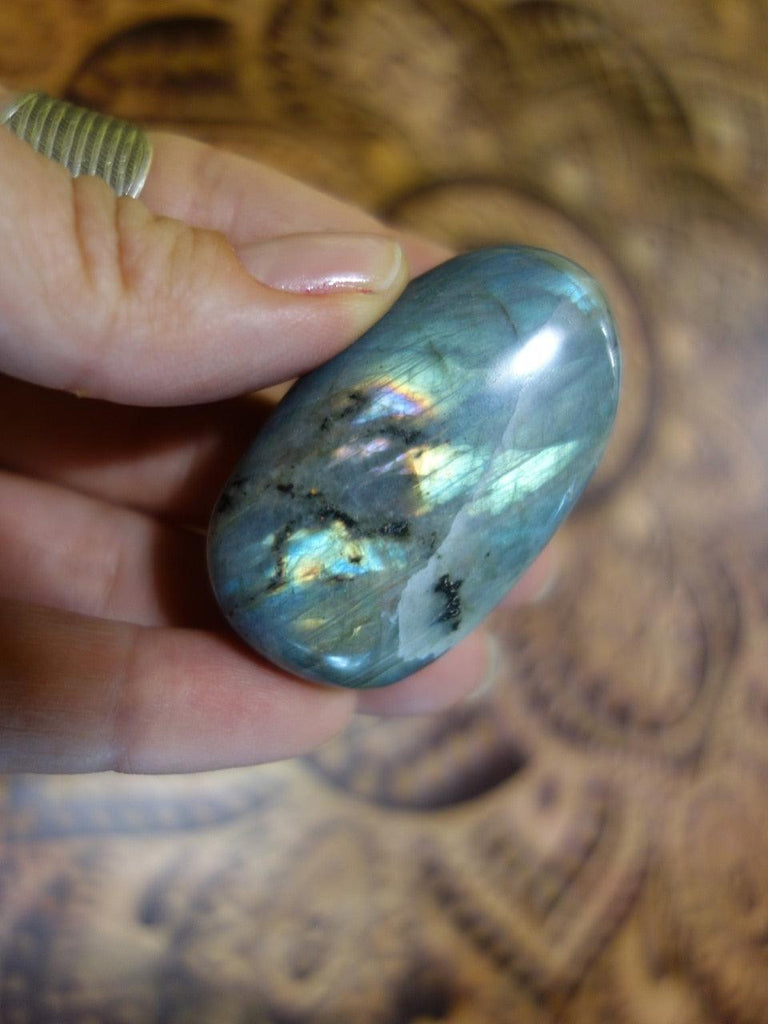 Silvery Sea Foam Green and Blue Flash Labradorite Palm Stone - Earth Family Crystals