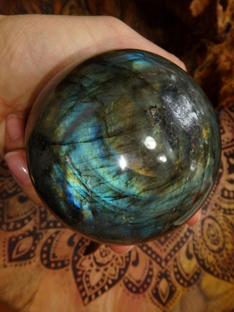 Swirling Aqua Blue & Peachy Gold Large Labradorite Sphere Carving - Earth Family Crystals
