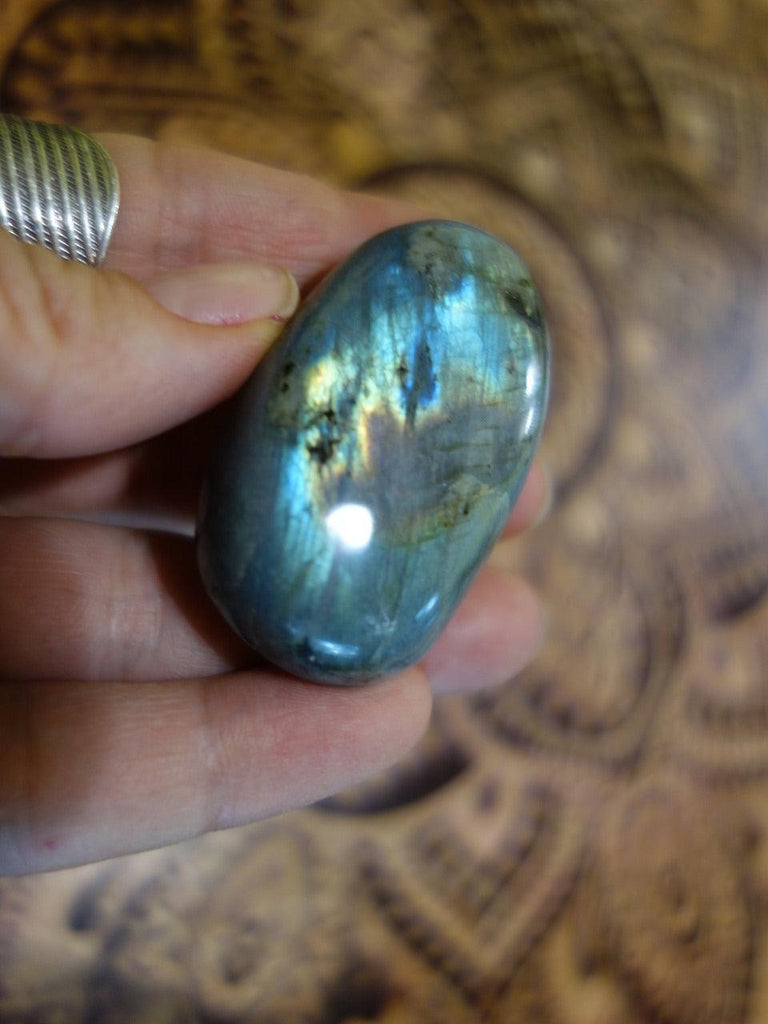 Silvery Sea Foam Green and Blue Flash Labradorite Palm Stone - Earth Family Crystals