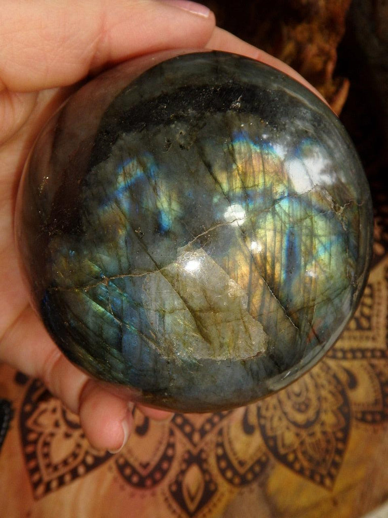 Swirling Aqua Blue & Peachy Gold Large Labradorite Sphere Carving - Earth Family Crystals