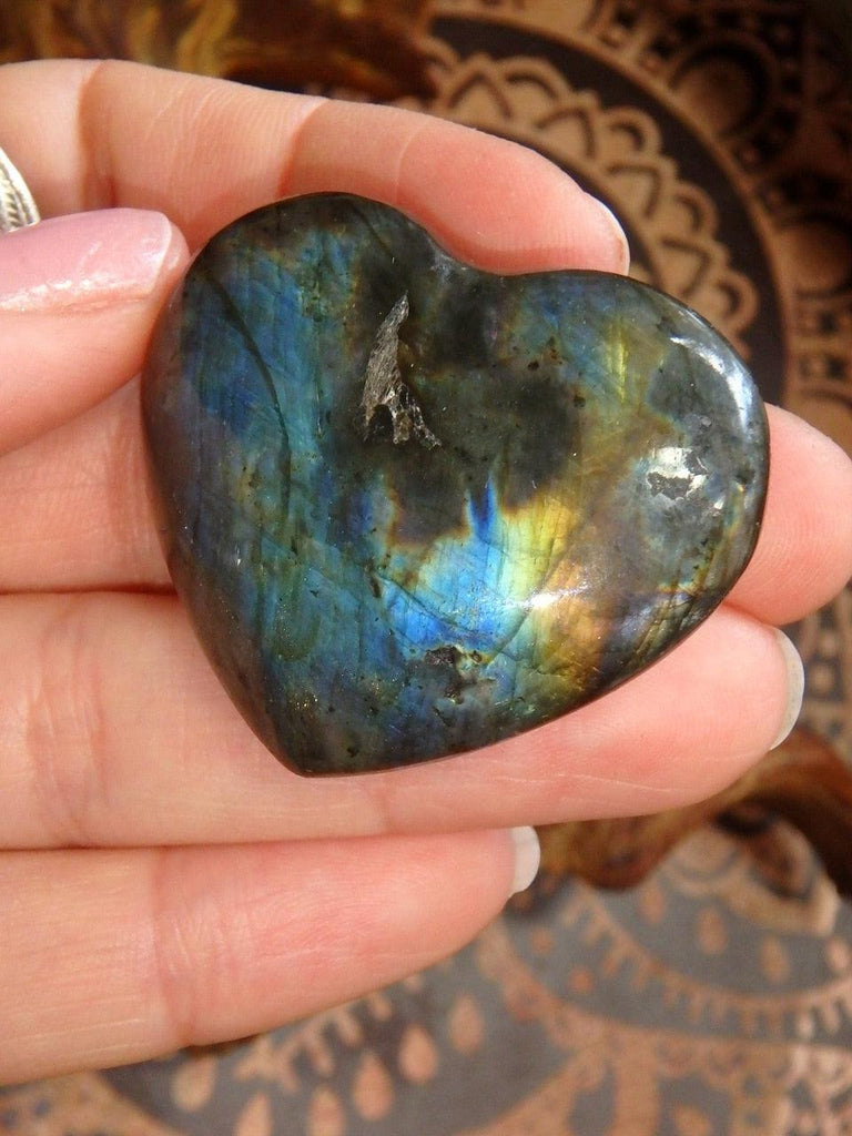 Pretty Blue & Golden Labradorite Hand Held Heart - Earth Family Crystals