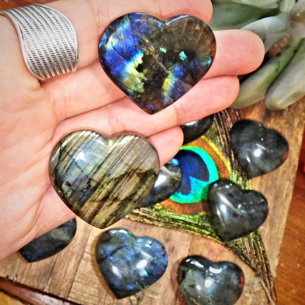 Set of 2 Hand Held Labradorite Pocket Hearts Perfect for Meditation - Earth Family Crystals