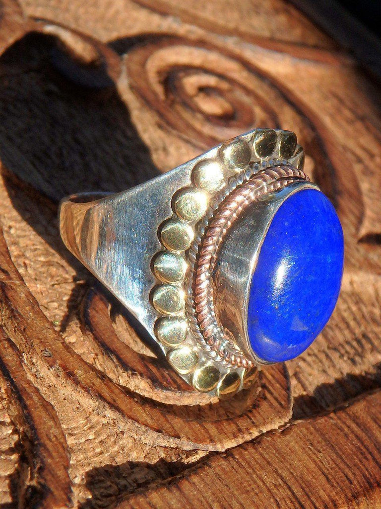 Elegant Cobalt Blue Lapis Lazuli Golden & Silver Patterns Ring in Sterling Silver (Size 7.5) - Earth Family Crystals
