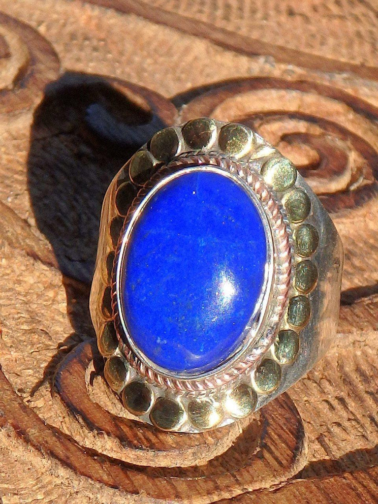 Elegant Cobalt Blue Lapis Lazuli Golden & Silver Patterns Ring in Sterling Silver (Size 7.5) - Earth Family Crystals