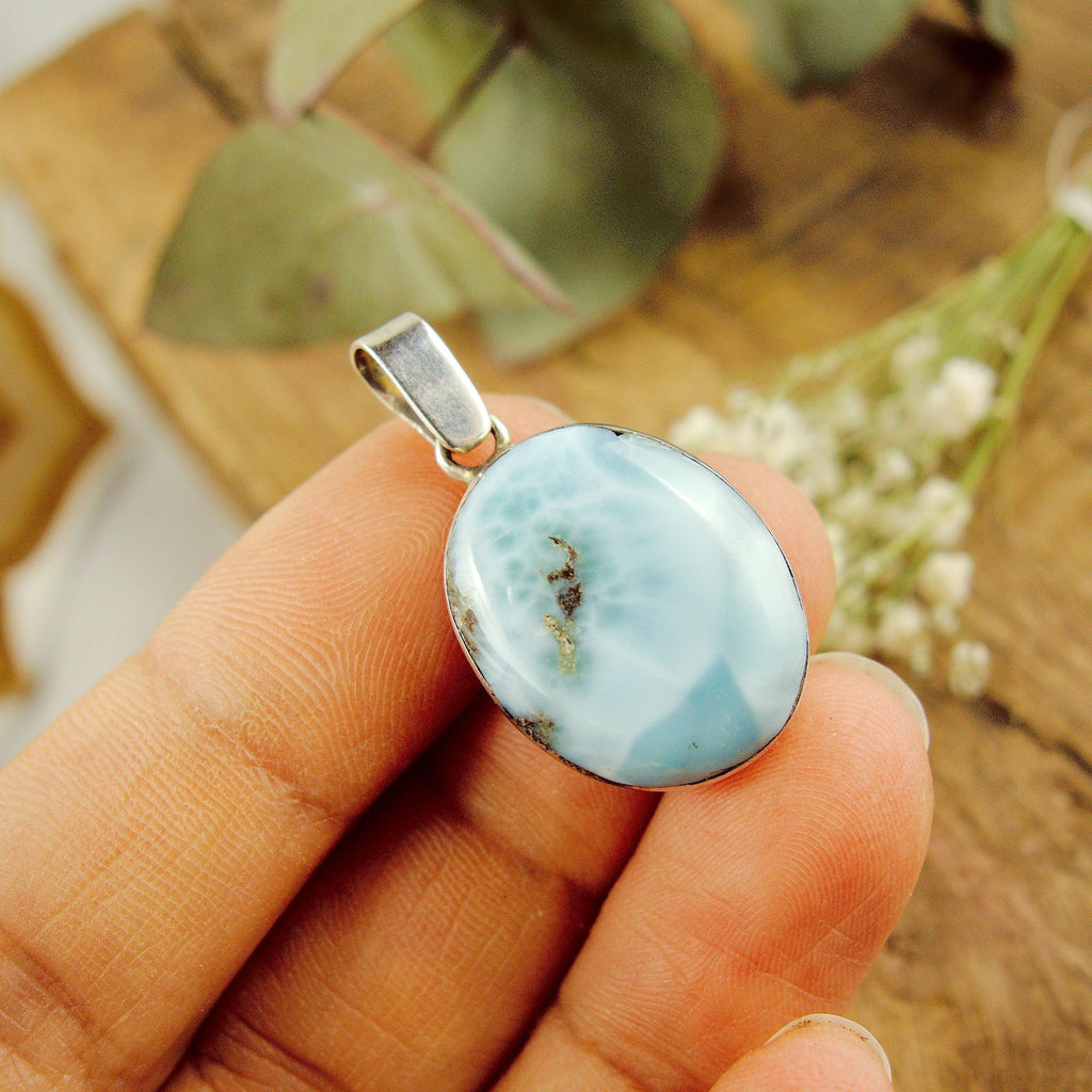 Lovely Frosted Blue Patterns Larimar Pendant in Sterling Silver (Includes Silver Chain) #2 - Earth Family Crystals