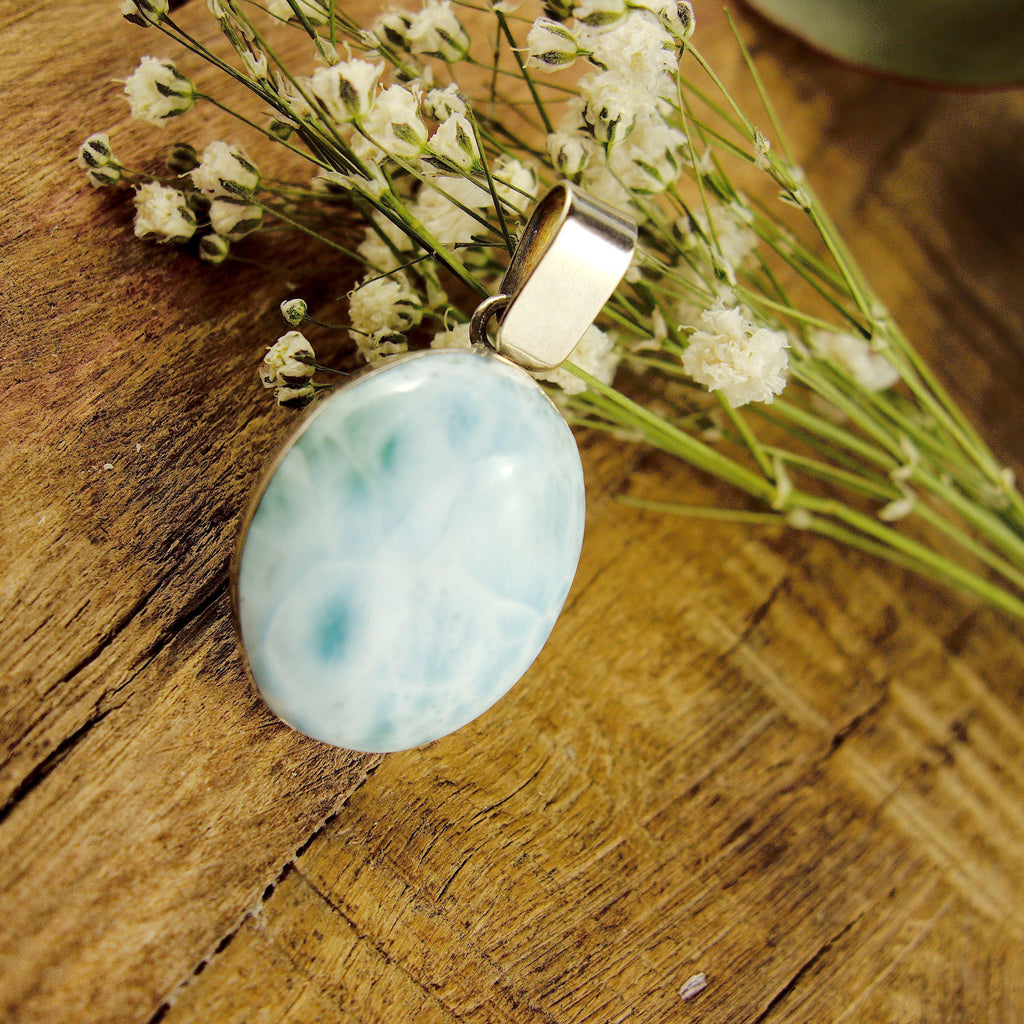 Lovely Frosted Blue Patterns Larimar Pendant in Sterling Silver (Includes Silver Chain) #1 - Earth Family Crystals