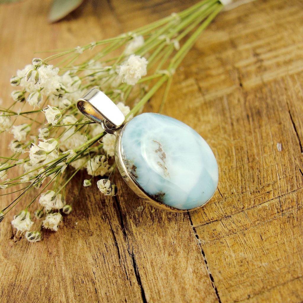 Lovely Frosted Blue Patterns Larimar Pendant in Sterling Silver (Includes Silver Chain) #2 - Earth Family Crystals