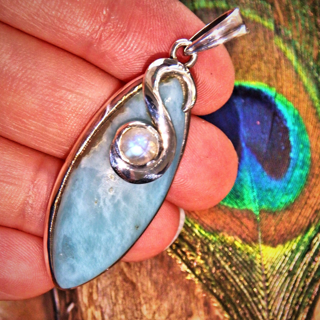 Deep Blue Larimar & Rainbow Moonstone Sterling Silver Pendant (Includes Silver Chain) - Earth Family Crystals