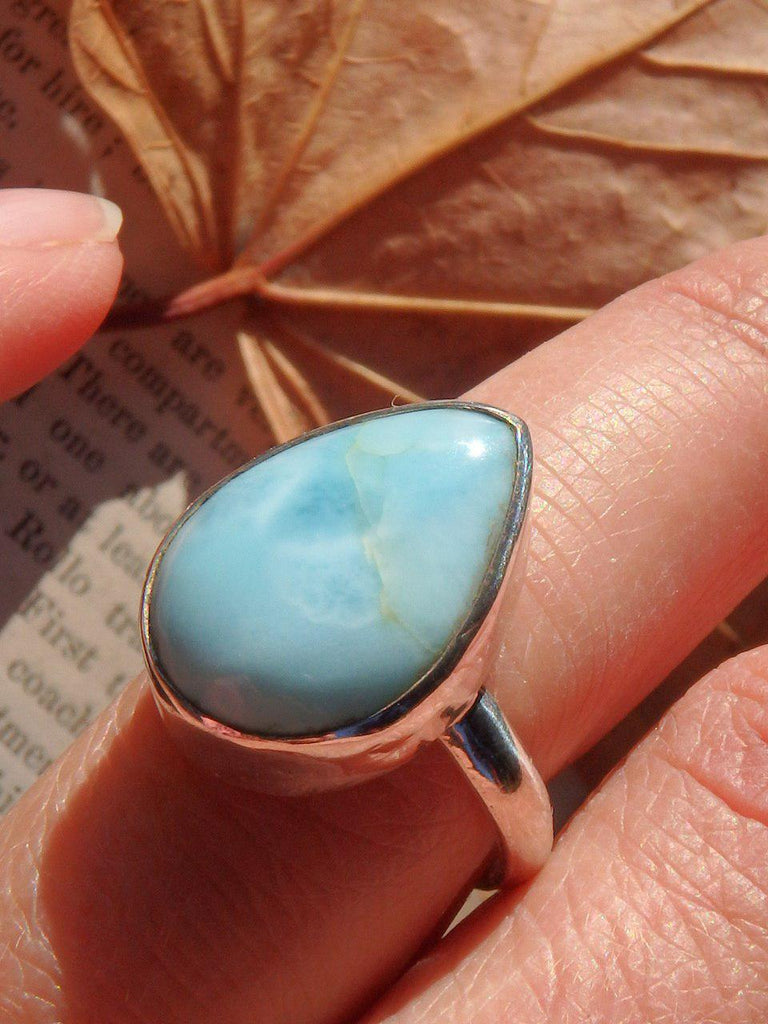 Tropical Blue Raindrop Larimar Ring In Sterling Silver (Size 8) - Earth Family Crystals