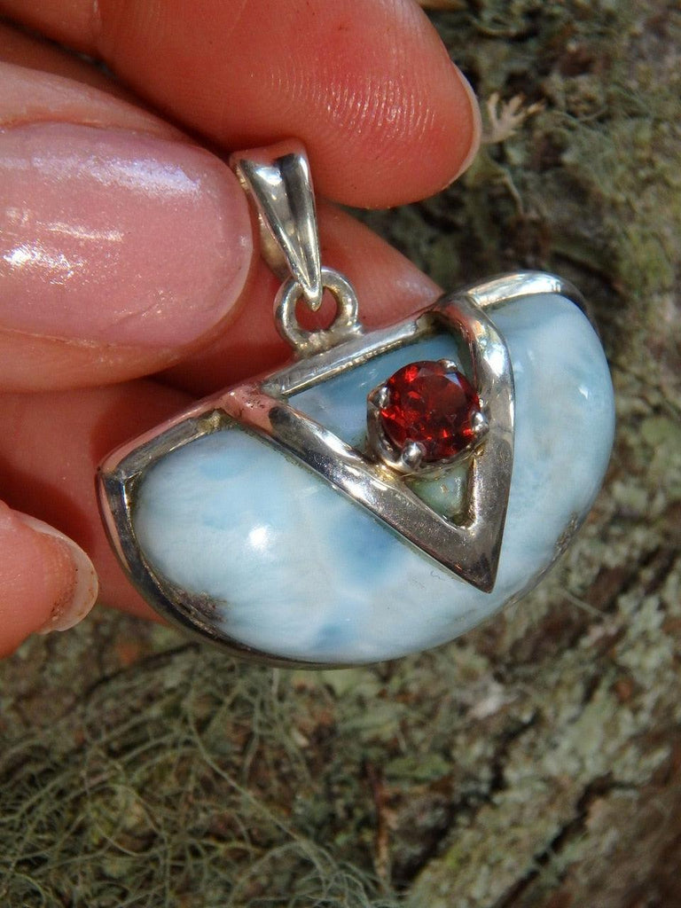 Lovely Faceted Red Garnet & Caribbean Blue Larimar Pendant in Sterling Silver (Includes Silver Chain) - Earth Family Crystals