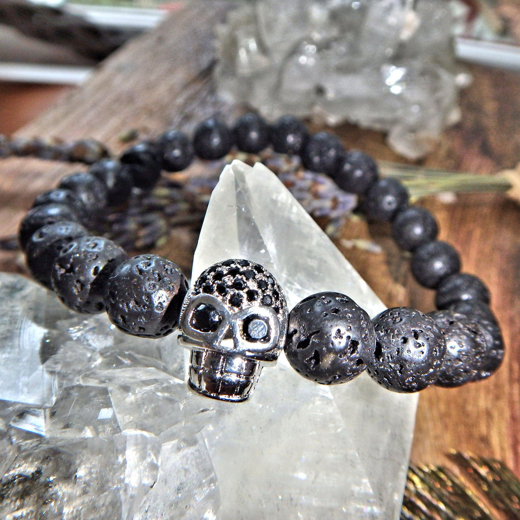 Perfect For Essential Oils~Lava Stone Bracelet With Silver Skull Charm on Elastic Cord - Earth Family Crystals
