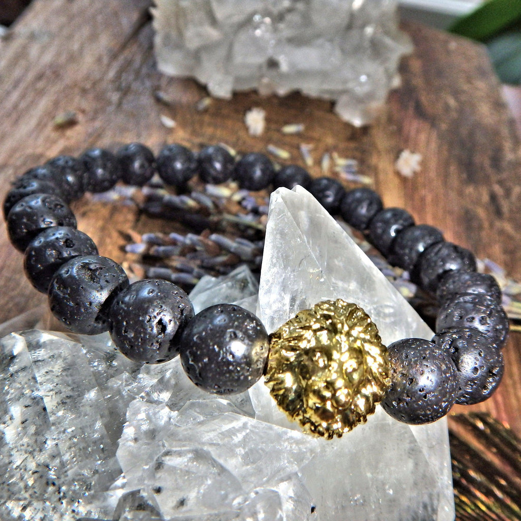 Perfect For Essential Oils~Lava Stone Bracelet With Gold Lion Charm on Elastic Cord - Earth Family Crystals