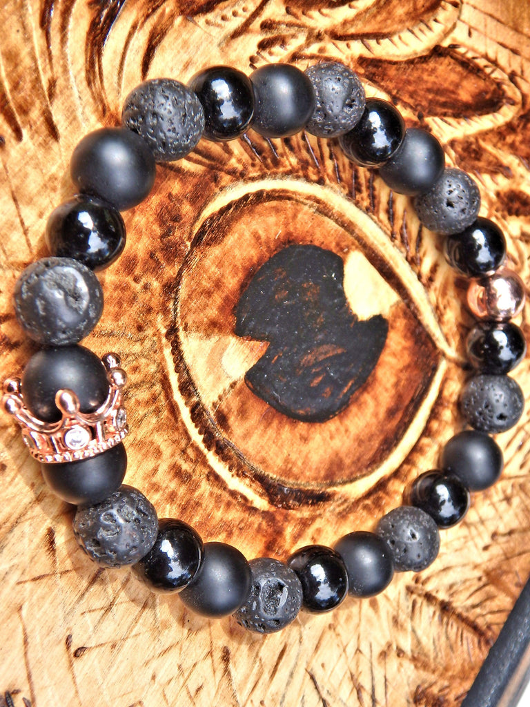 Lava Stone Bracelet With Golden Crown Charm (Perfect for Essential Oils & Perfume) - Earth Family Crystals