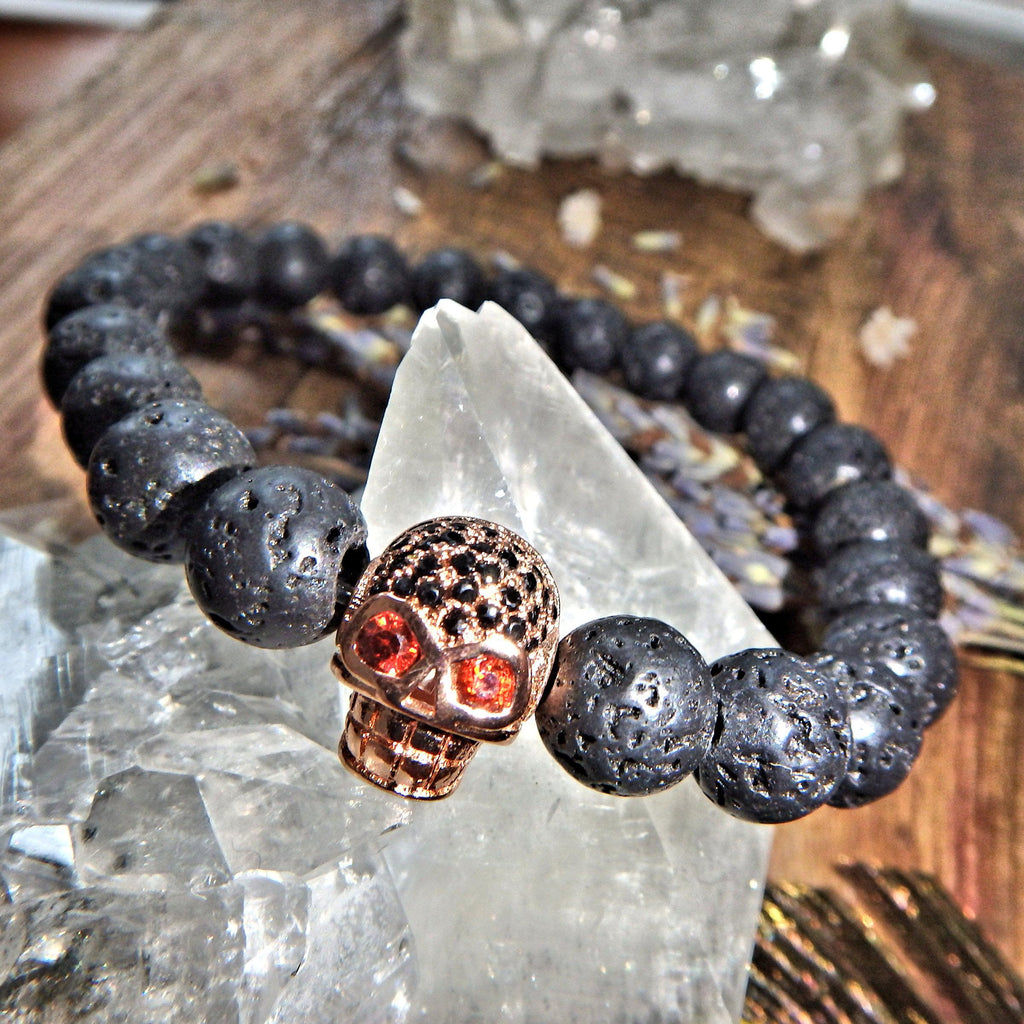 Perfect For Essential Oils~Lava Stone Bracelet With Rose Gold Skull Charm on Elastic Cord - Earth Family Crystals