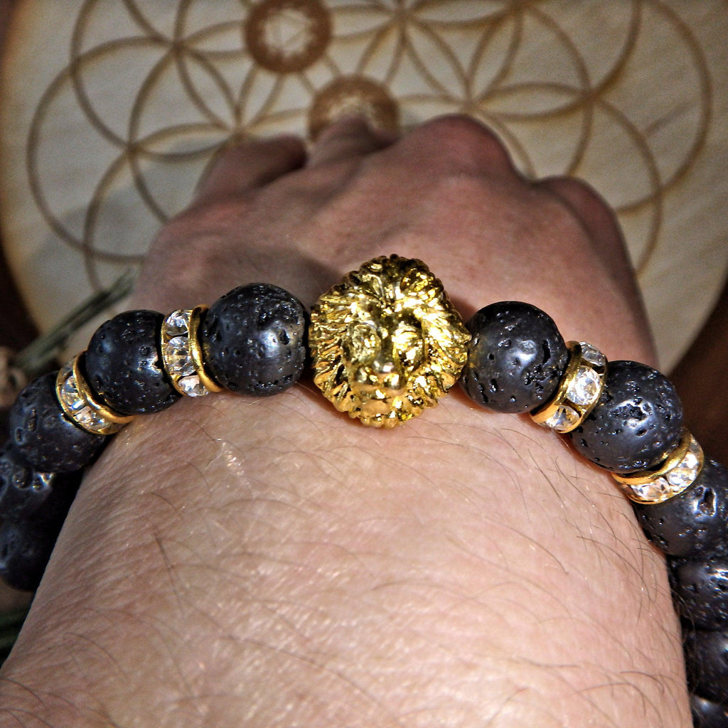 Perfect For Essential Oils~Lava Stone Bracelet With Gold Lion & Bling Charms on Elastic Cord - Earth Family Crystals