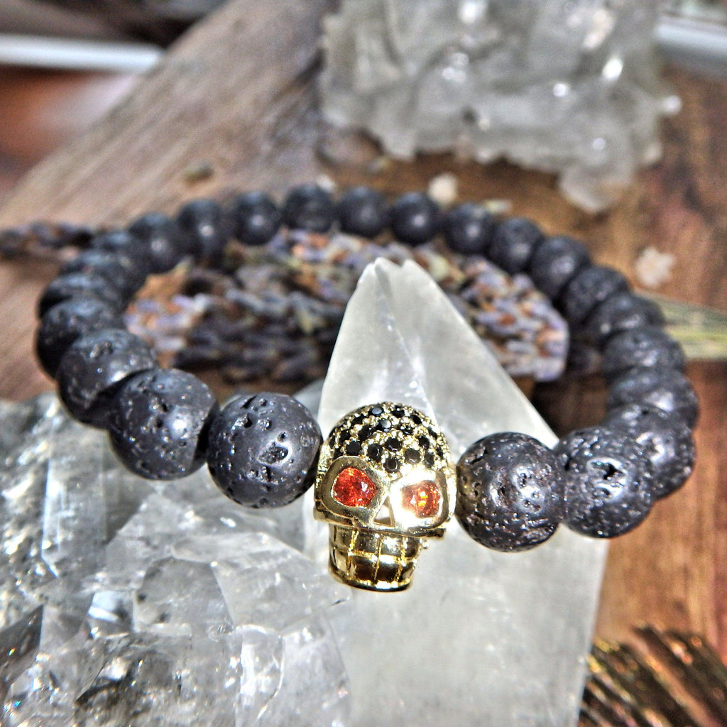 Perfect For Essential Oils~Lava Stone Bracelet With Gold Skull Charm on Elastic Cord - Earth Family Crystals
