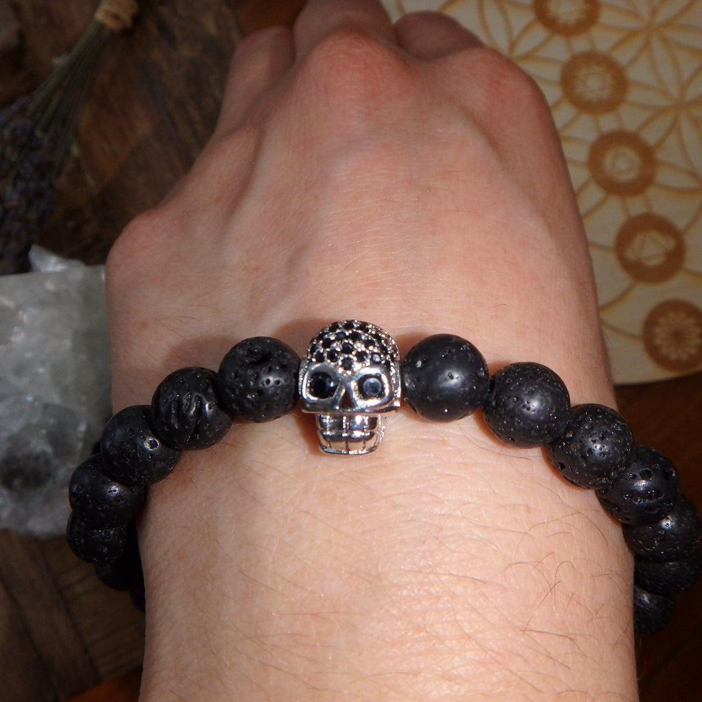 Perfect For Essential Oils~Lava Stone Bracelet With Silver Skull Charm on Elastic Cord - Earth Family Crystals