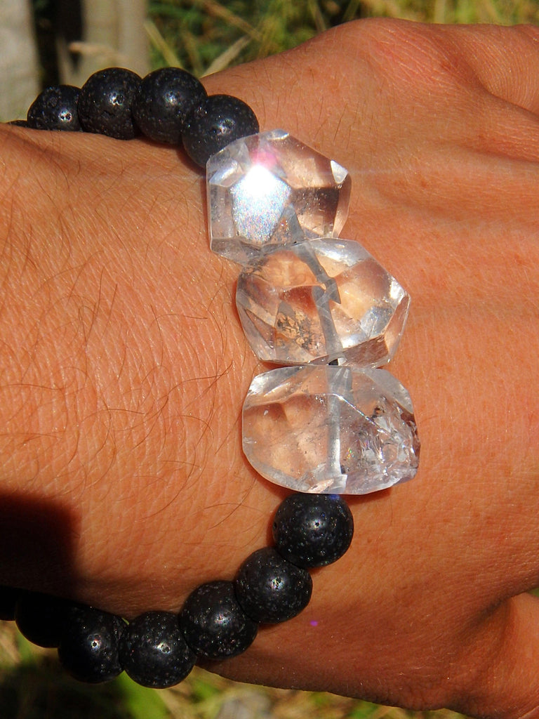 Clear Quartz Stones & Lava Stone Adjustable Cord Bracelet - Earth Family Crystals