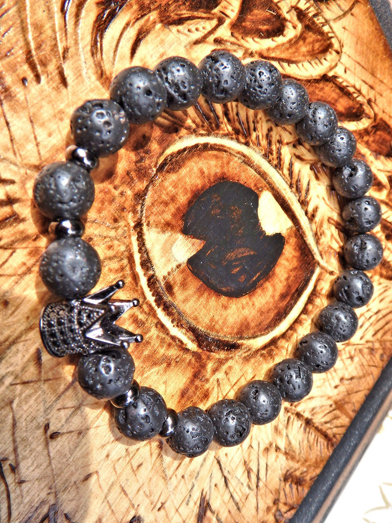 Lava Stone Bracelet With Black Crown Charm (Perfect for Essential Oils & Perfume) - Earth Family Crystals