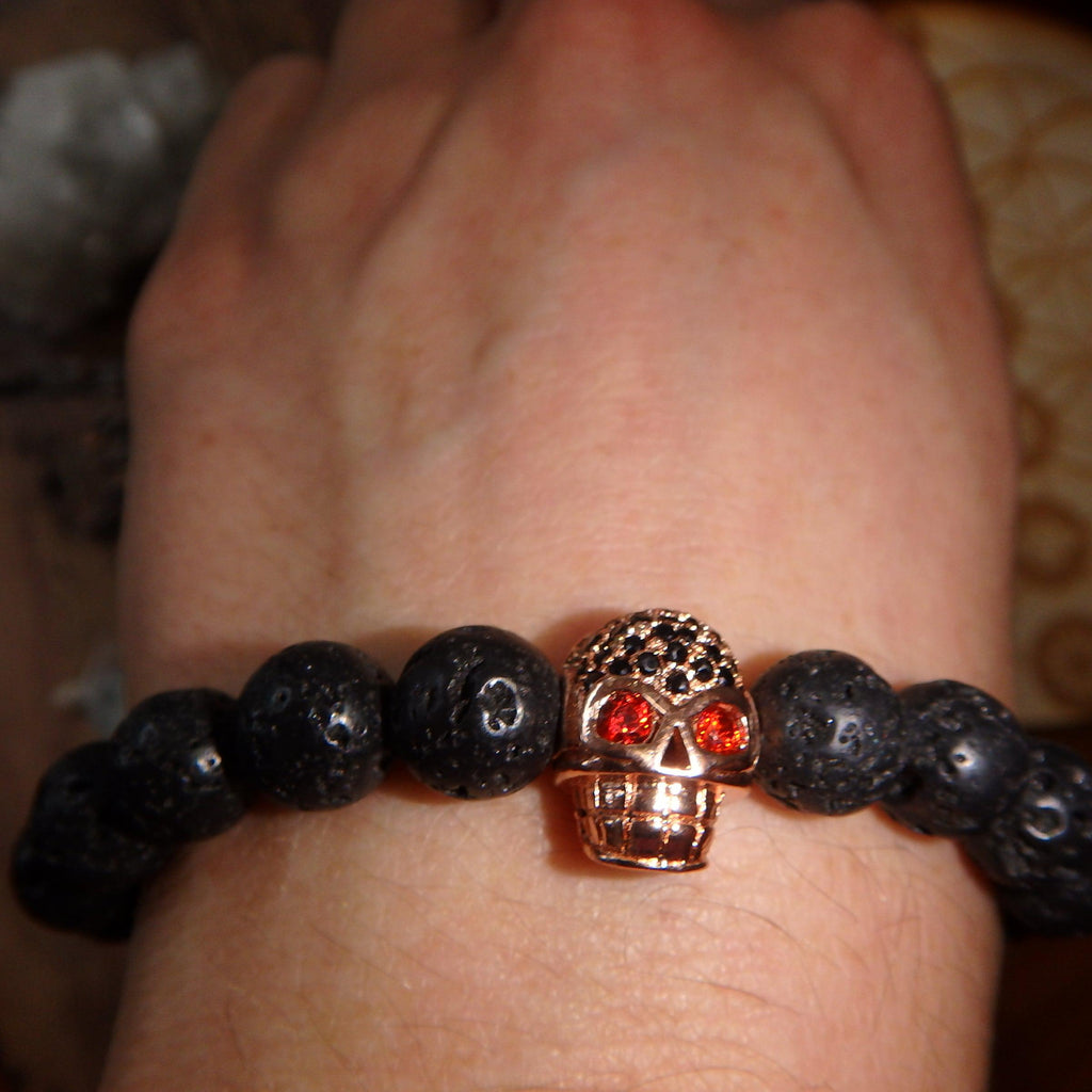Perfect For Essential Oils~Lava Stone Bracelet With Rose Gold Skull Charm on Elastic Cord - Earth Family Crystals