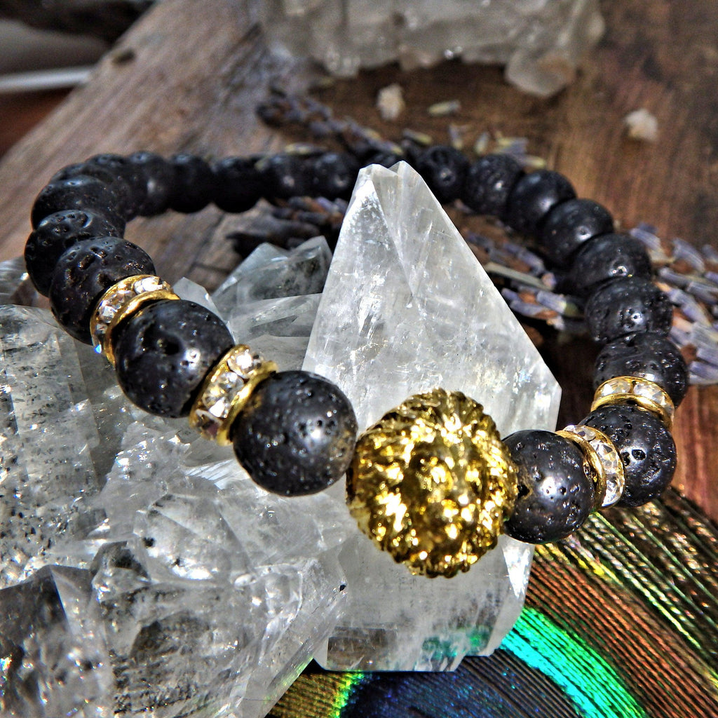 Perfect For Essential Oils~Lava Stone Bracelet With Gold Lion & Bling Charms on Elastic Cord - Earth Family Crystals