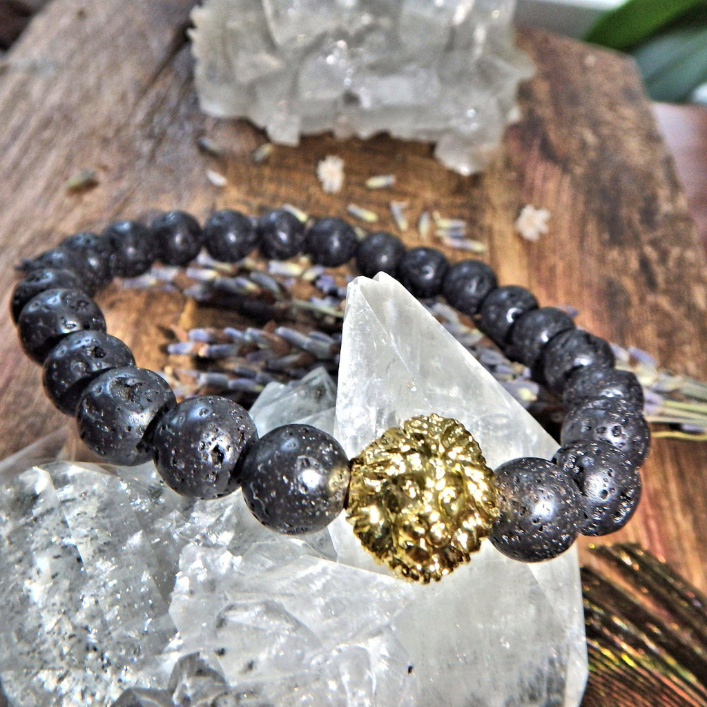 Perfect For Essential Oils~Lava Stone Bracelet With Gold Lion Charm on Elastic Cord - Earth Family Crystals