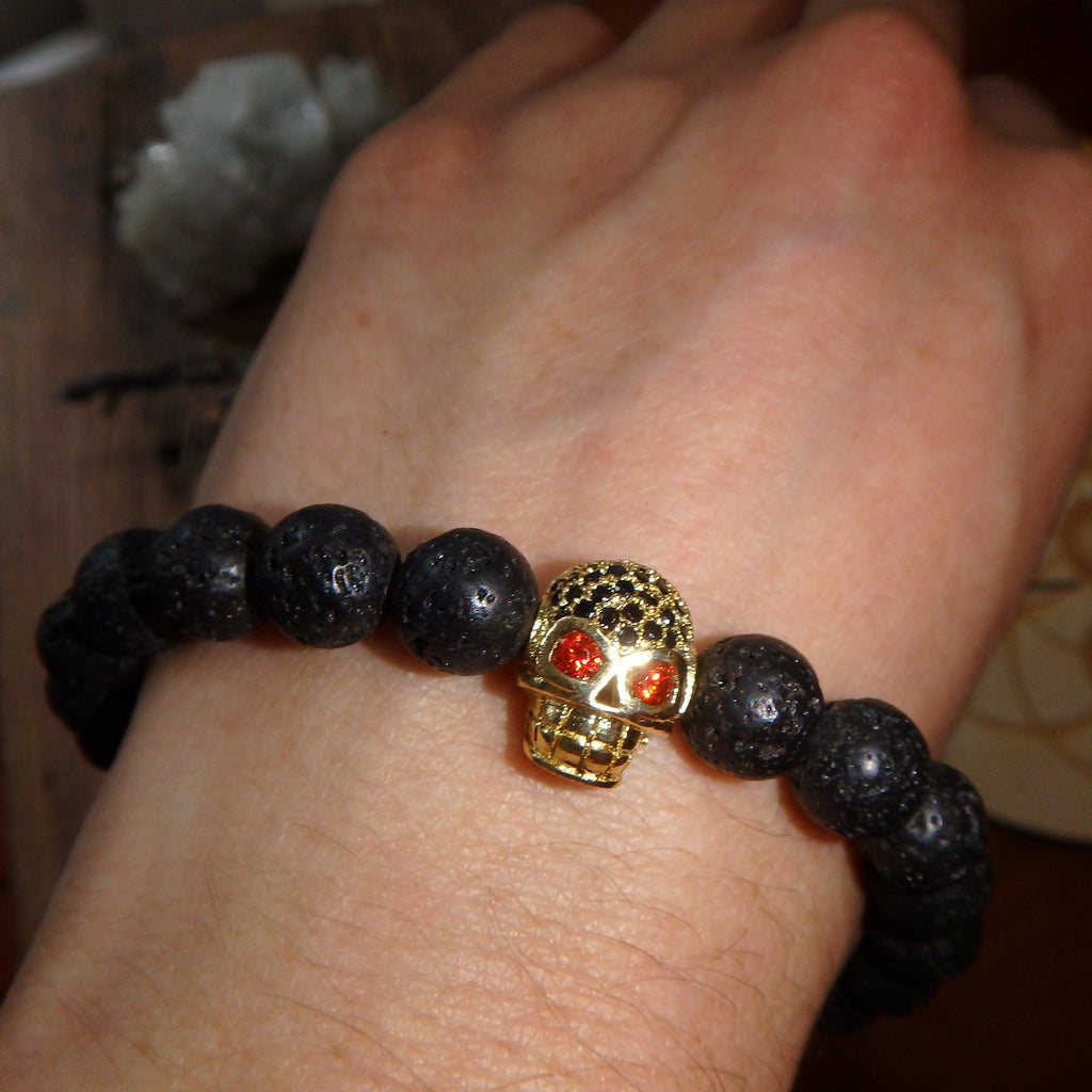 Perfect For Essential Oils~Lava Stone Bracelet With Gold Skull Charm on Elastic Cord - Earth Family Crystals