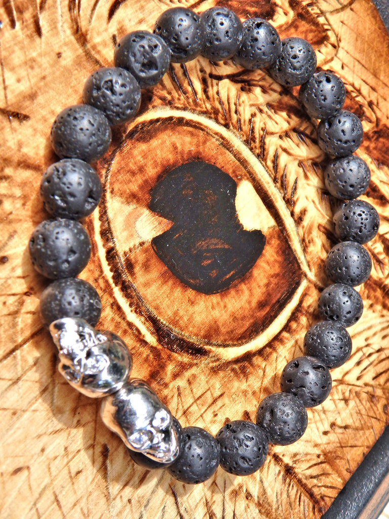 Lava Stone Bracelet With Double Silver Skull Charms (Perfect for Essential Oils & Perfume) - Earth Family Crystals