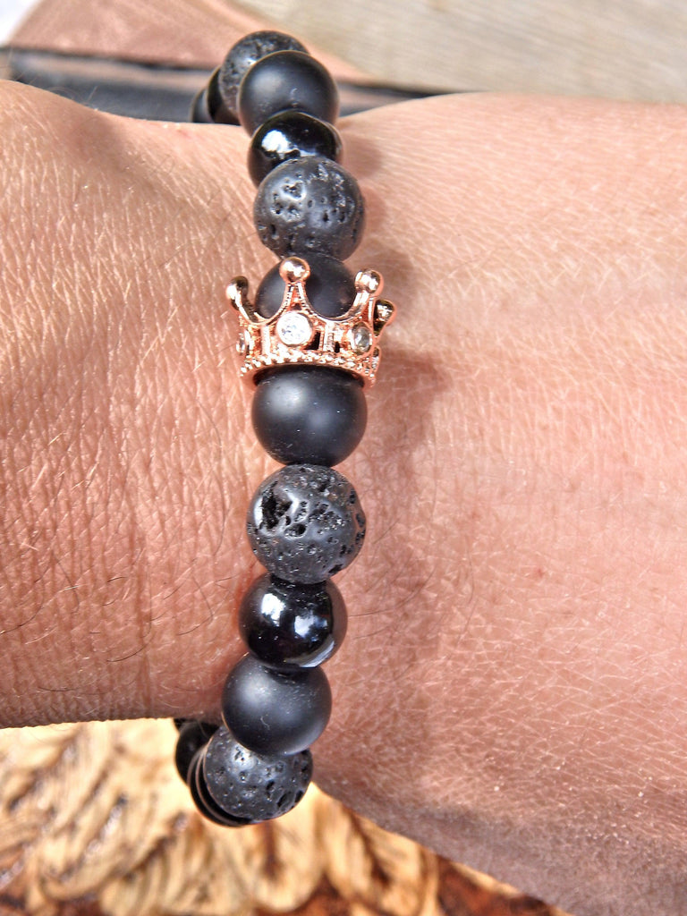 Lava Stone Bracelet With Golden Crown Charm (Perfect for Essential Oils & Perfume) - Earth Family Crystals