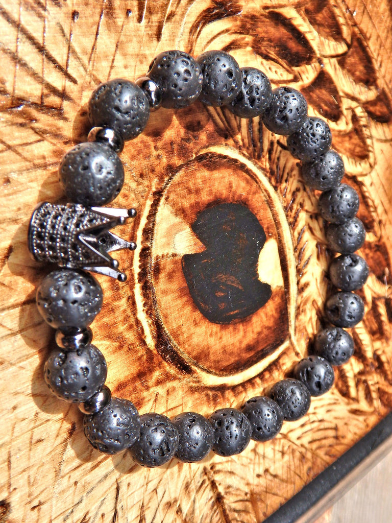 Lava Stone Bracelet With Black Crown Charm (Perfect for Essential Oils & Perfume) - Earth Family Crystals