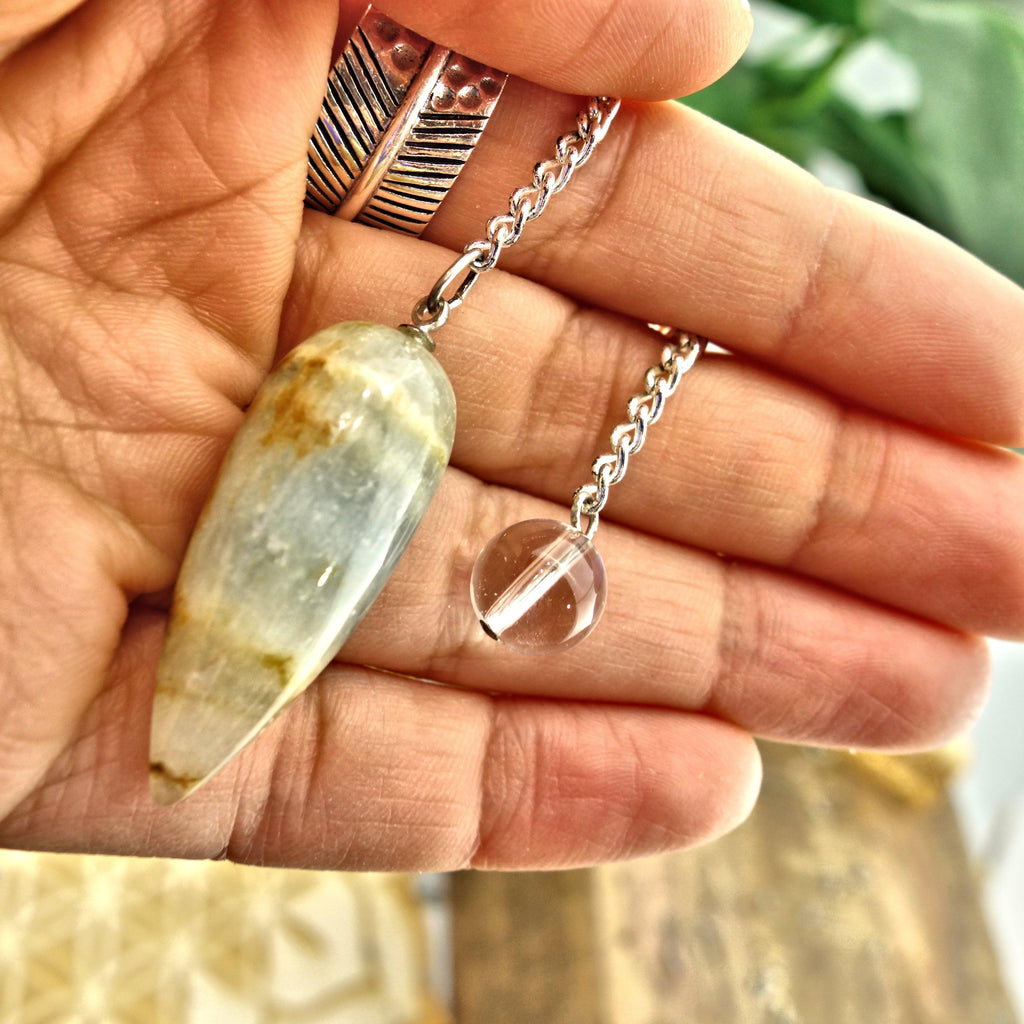 Frosty Blue & Golden Lemurian Aquatine Calcite Pendulum With Clear Quartz Bail 1 - Earth Family Crystals