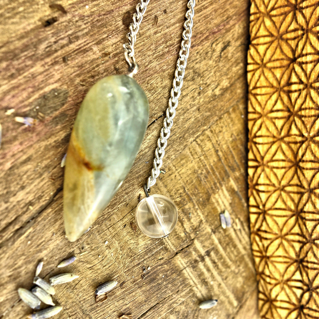 Frosty Blue & Golden Lemurian Aquatine Calcite Pendulum With Clear Quartz Bail 2 - Earth Family Crystals