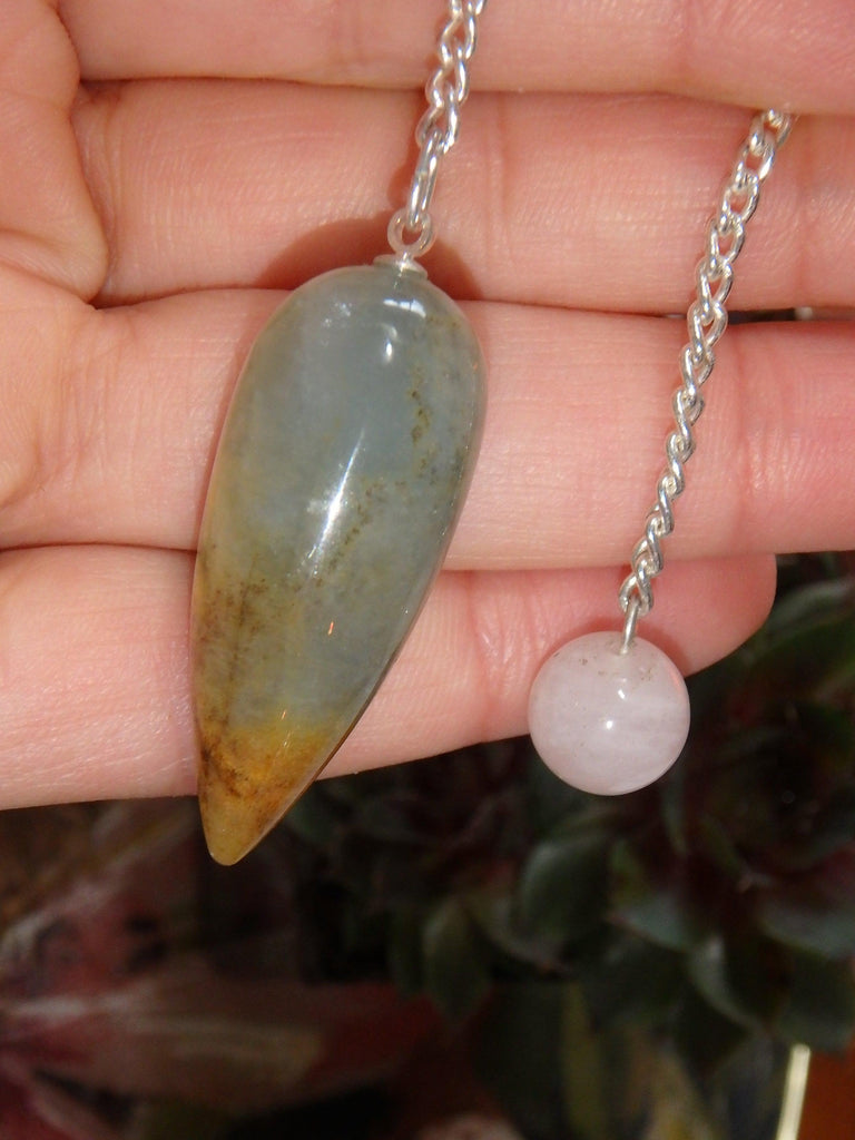 Stunning Golden Patterns Lemurian Aquatine Calcite Pendulum With Rose Quartz Bail - Earth Family Crystals